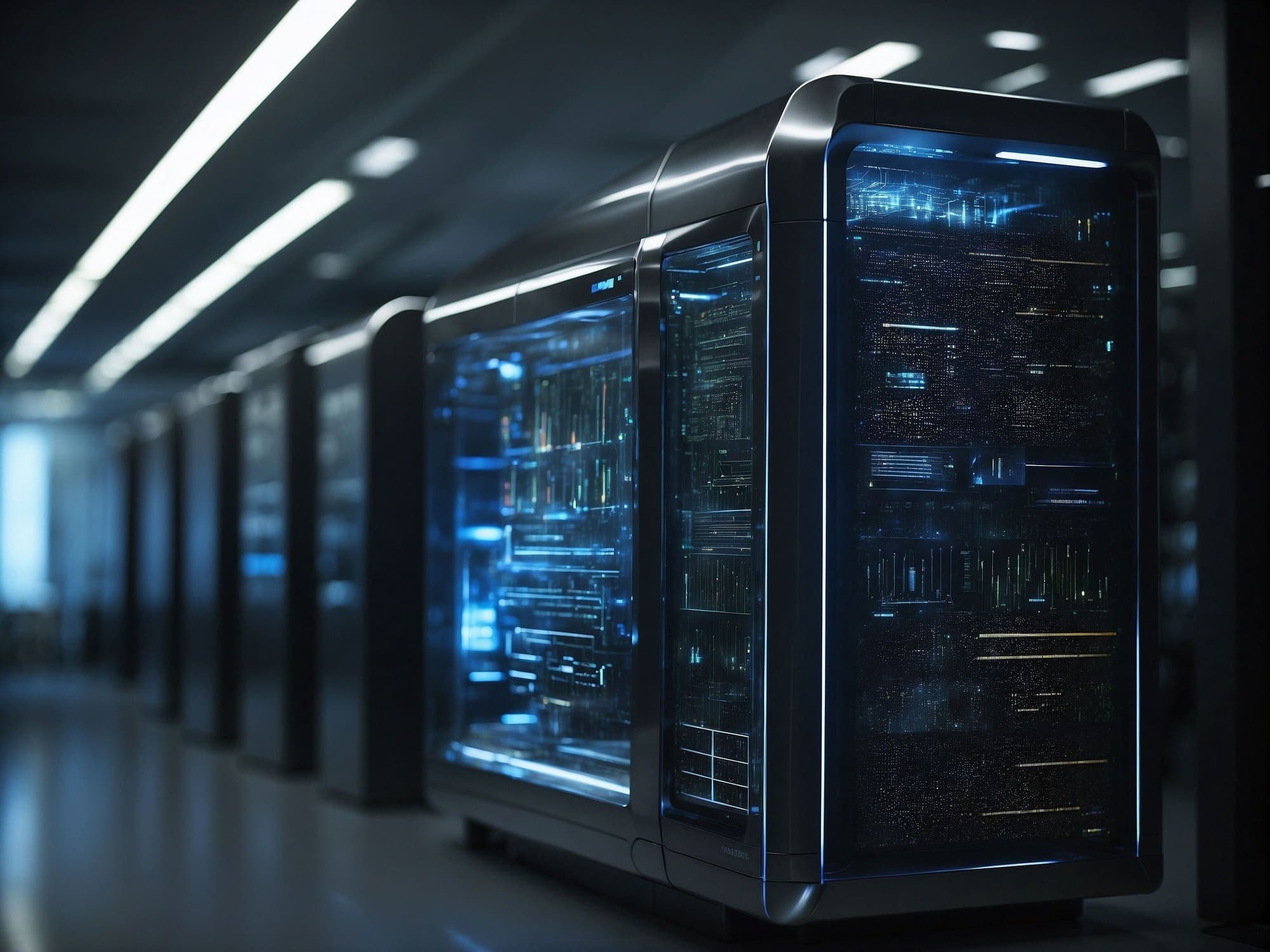 A glass-fronted server cabinet glowing blue in a data center aisle.