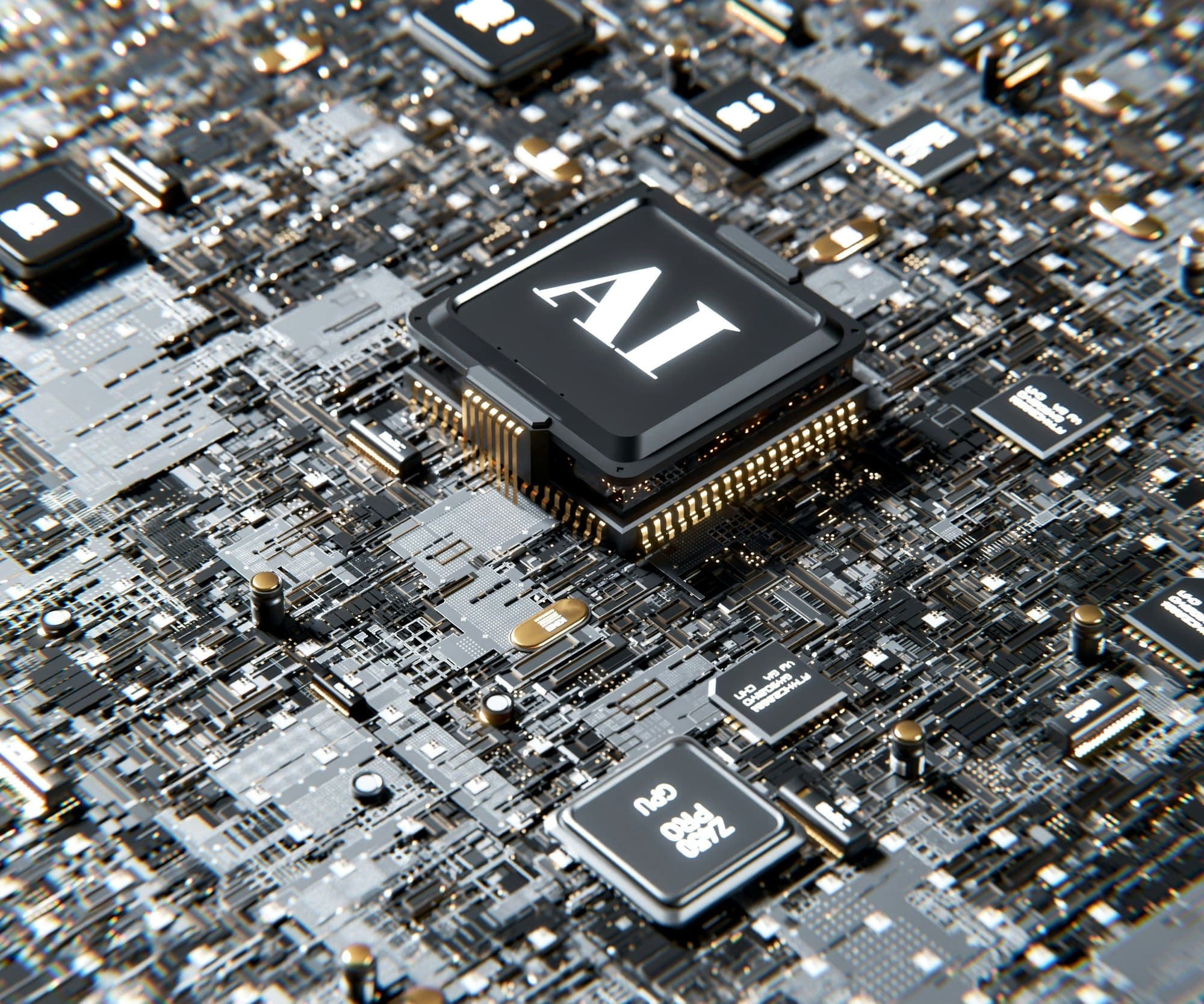 A processor chip marked AI on a dense circuit board.