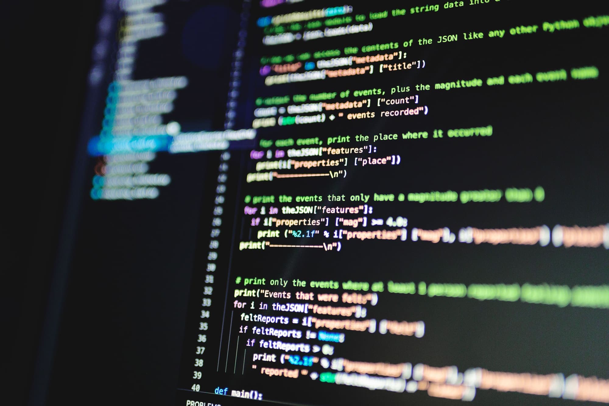 Python code on a monitor, close up.
