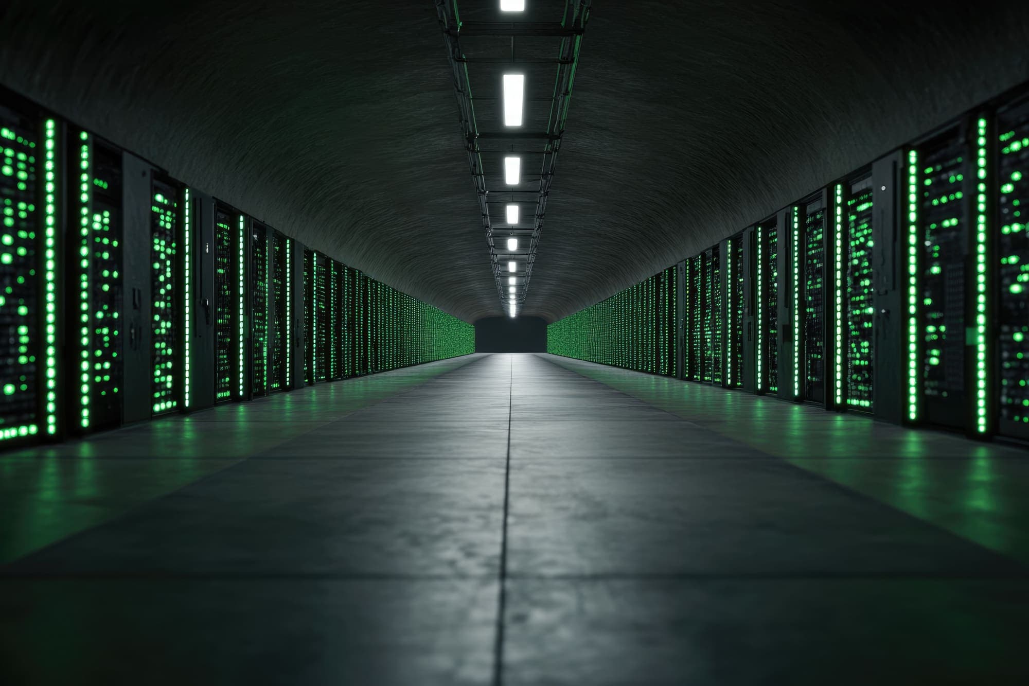 A long data center corridor lined with racks of green status lights.